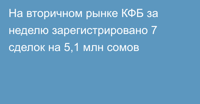 На вторичном рынке КФБ за неделю зарегистрировано 7 сделок на 5,1 млн сомов